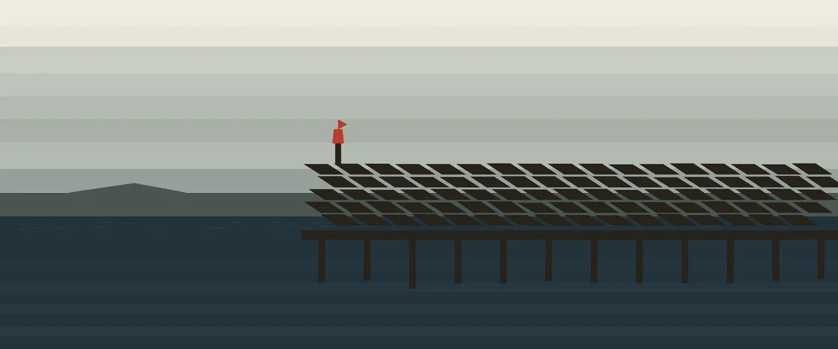 Solar rows along a working dock under a layered nor'easter sky, with a red channel marker on the nearest piling